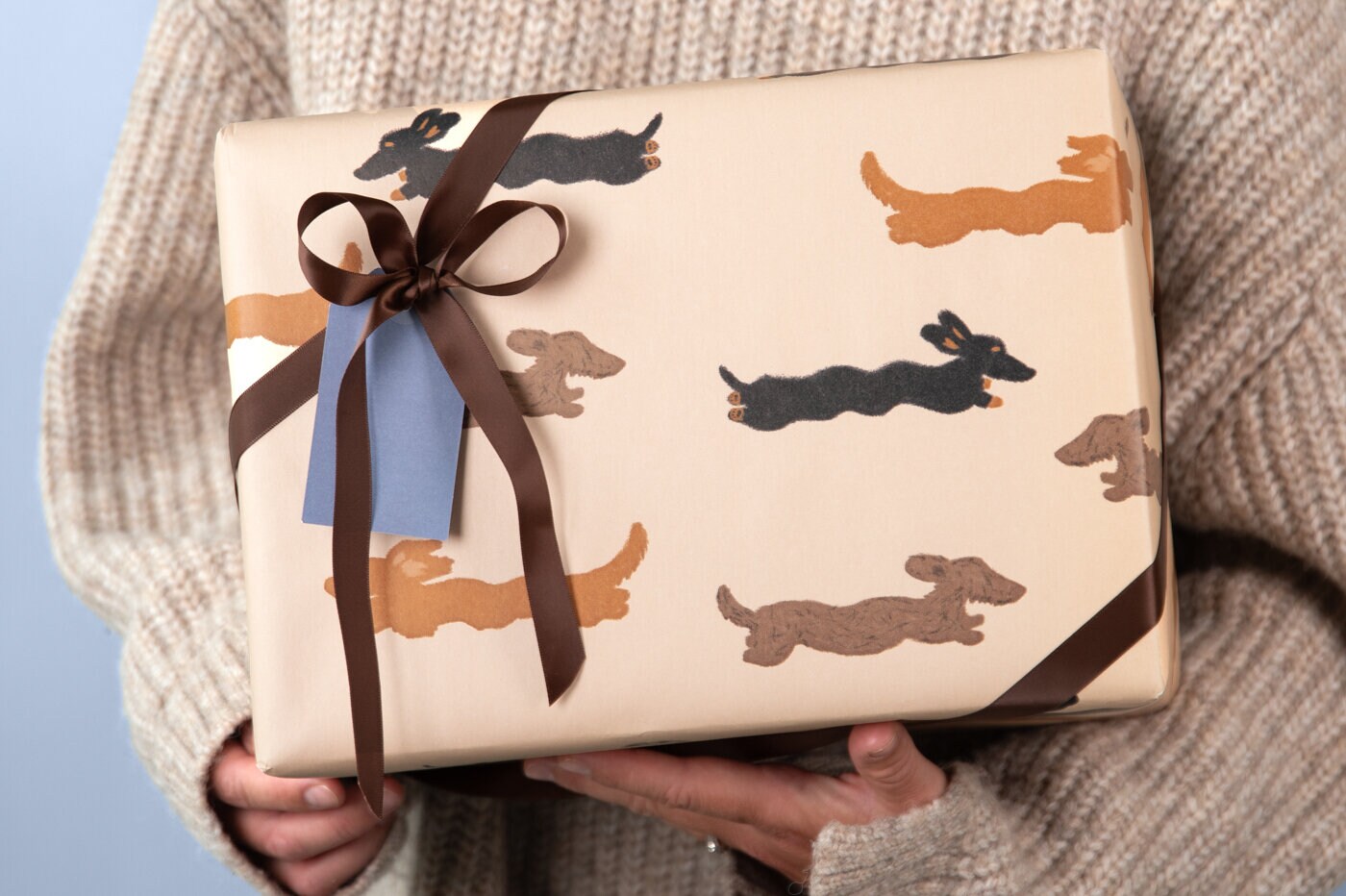 Gift wrapped in beige wrapping paper with a dog print and decorative ribbon.