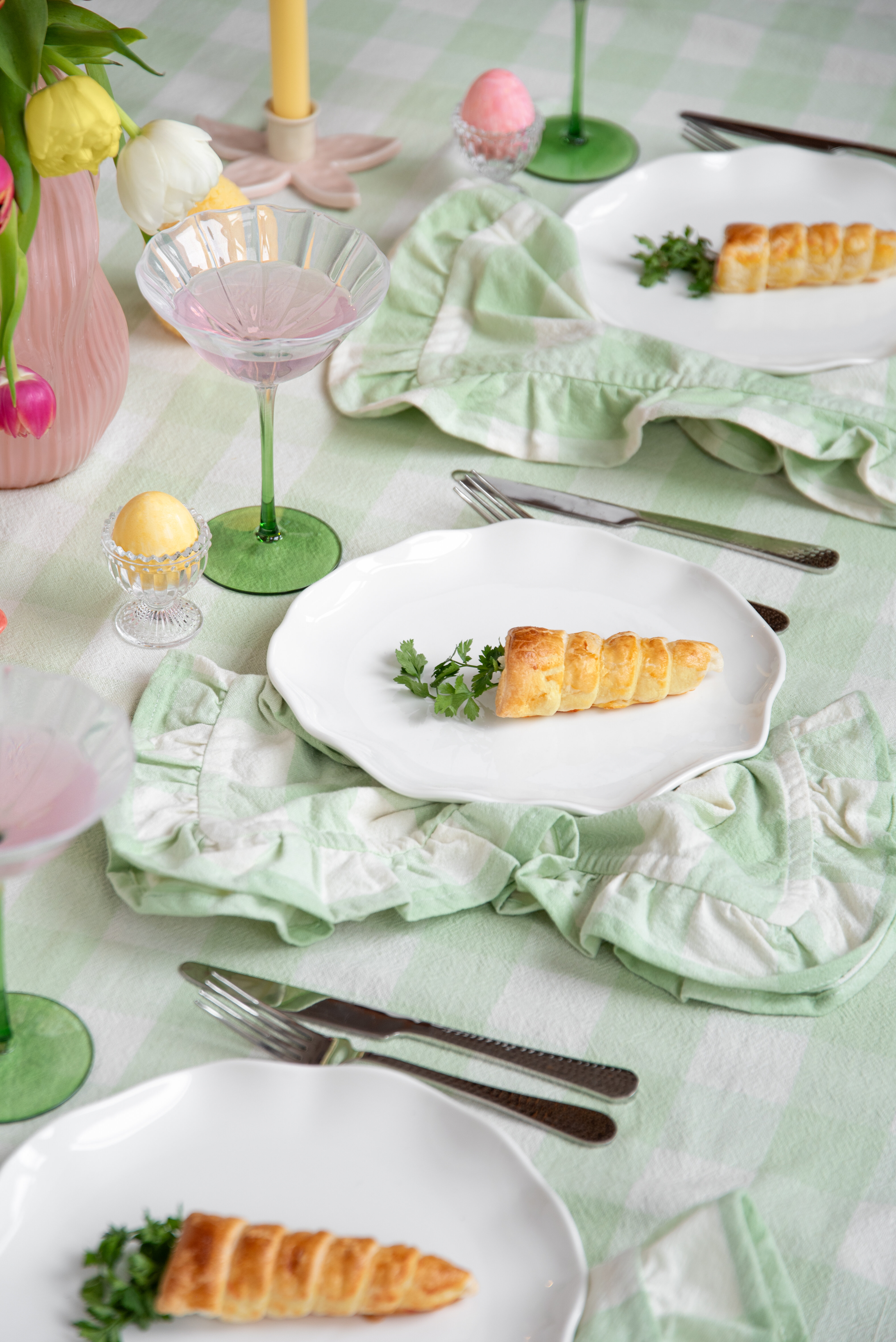 Easter table setting with plate, cutlery and glass