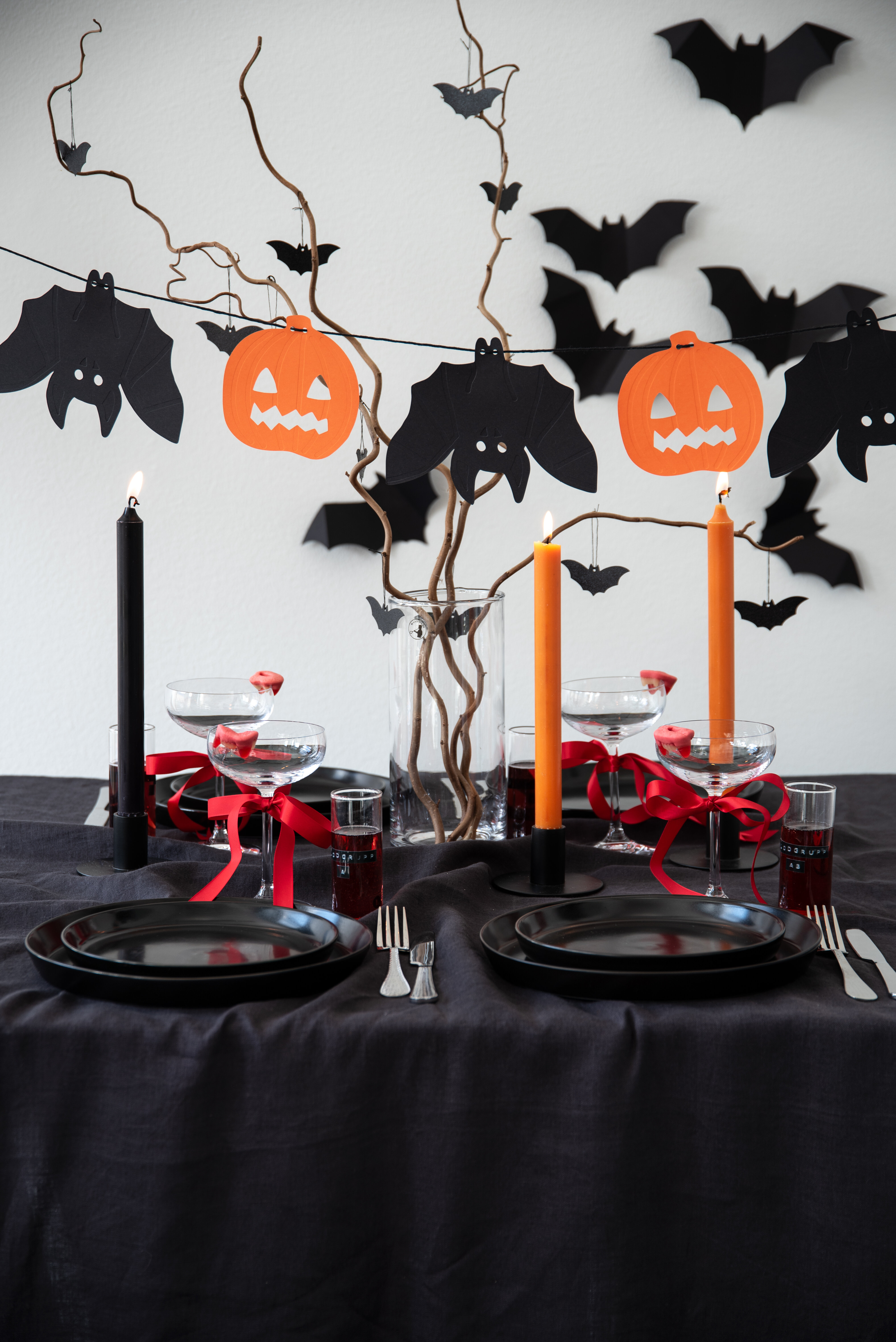 Table set with a Halloween theme.