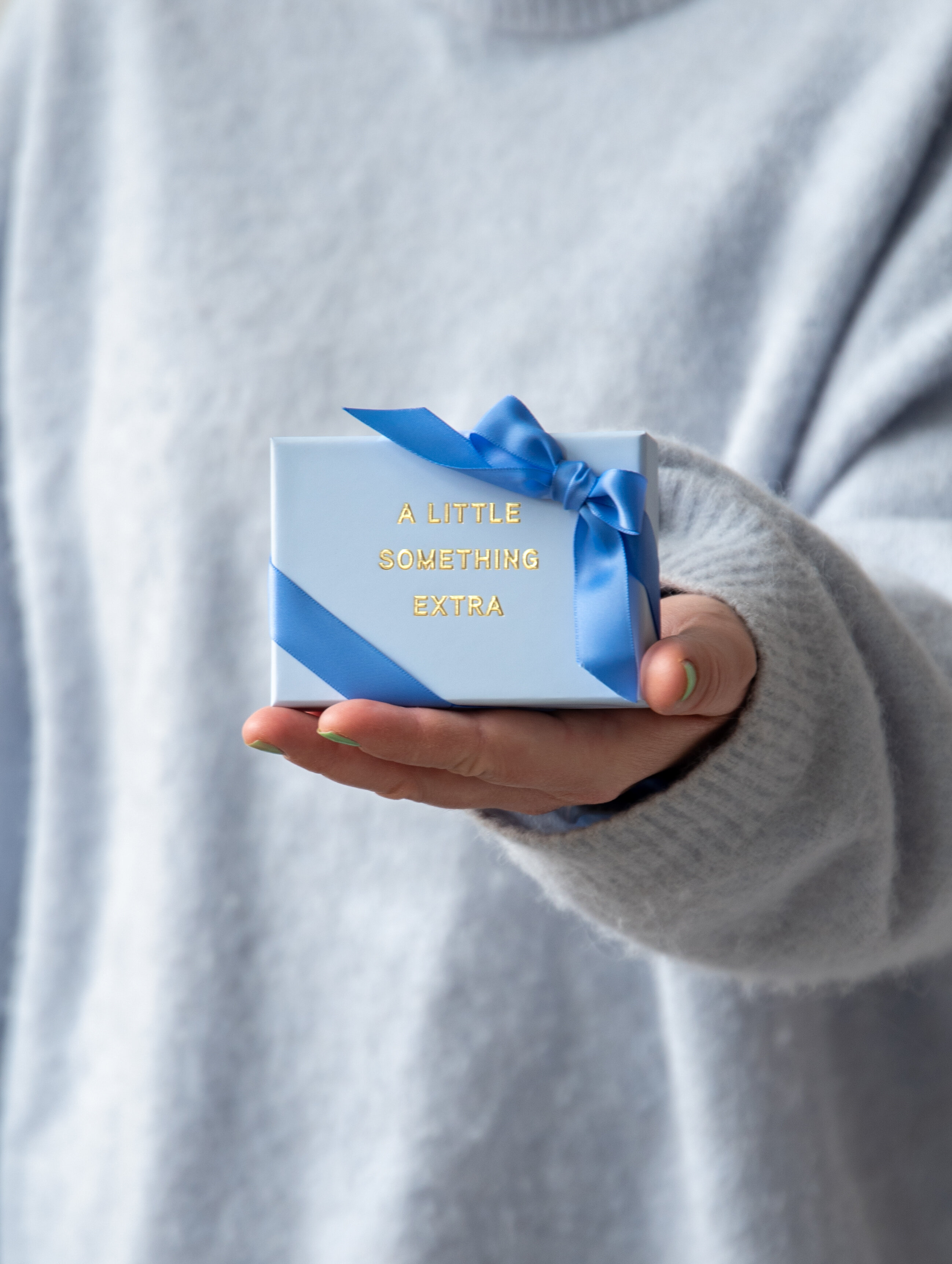 Wrapped gift held in hand.