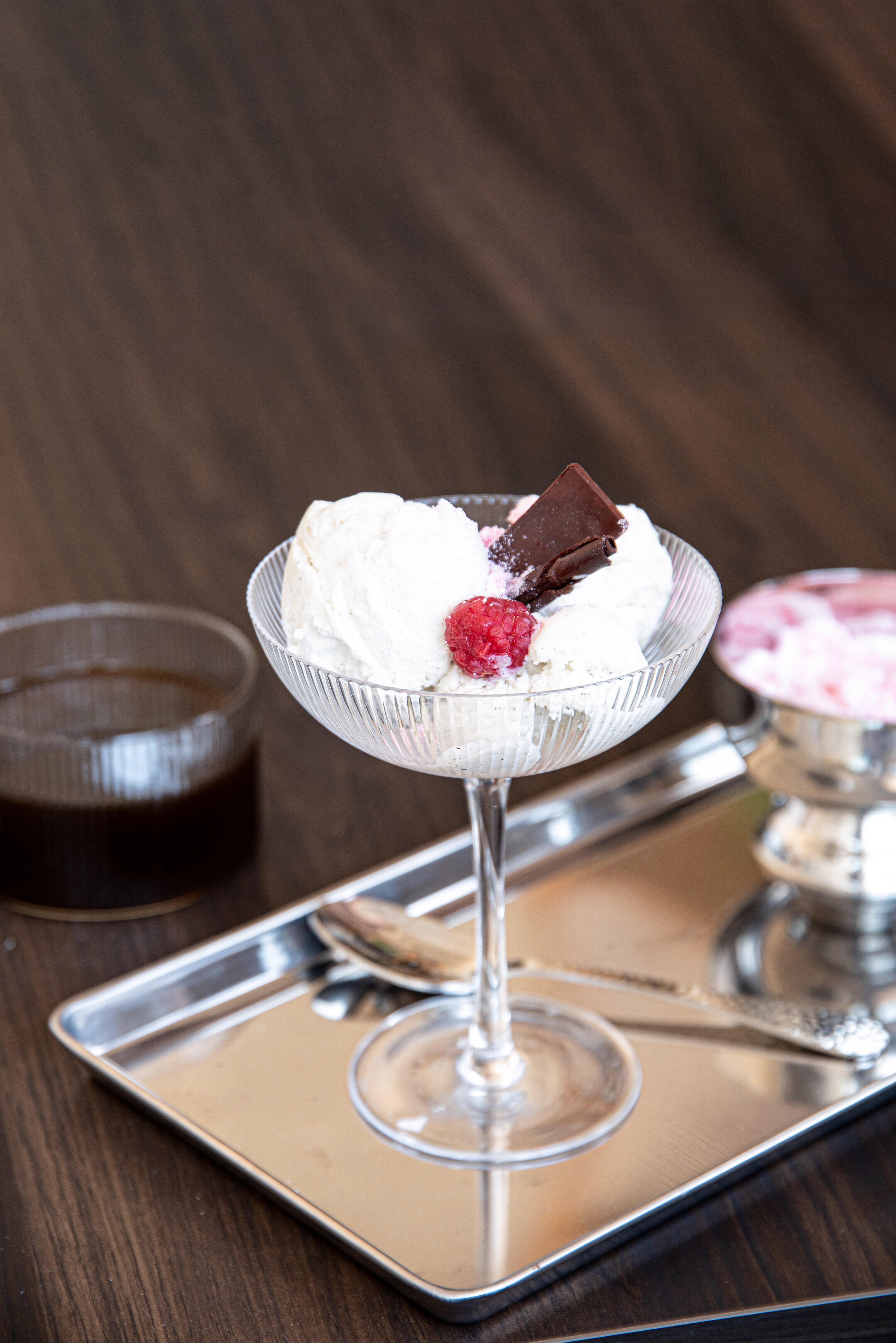 Ribbed glass with dessert in it.
