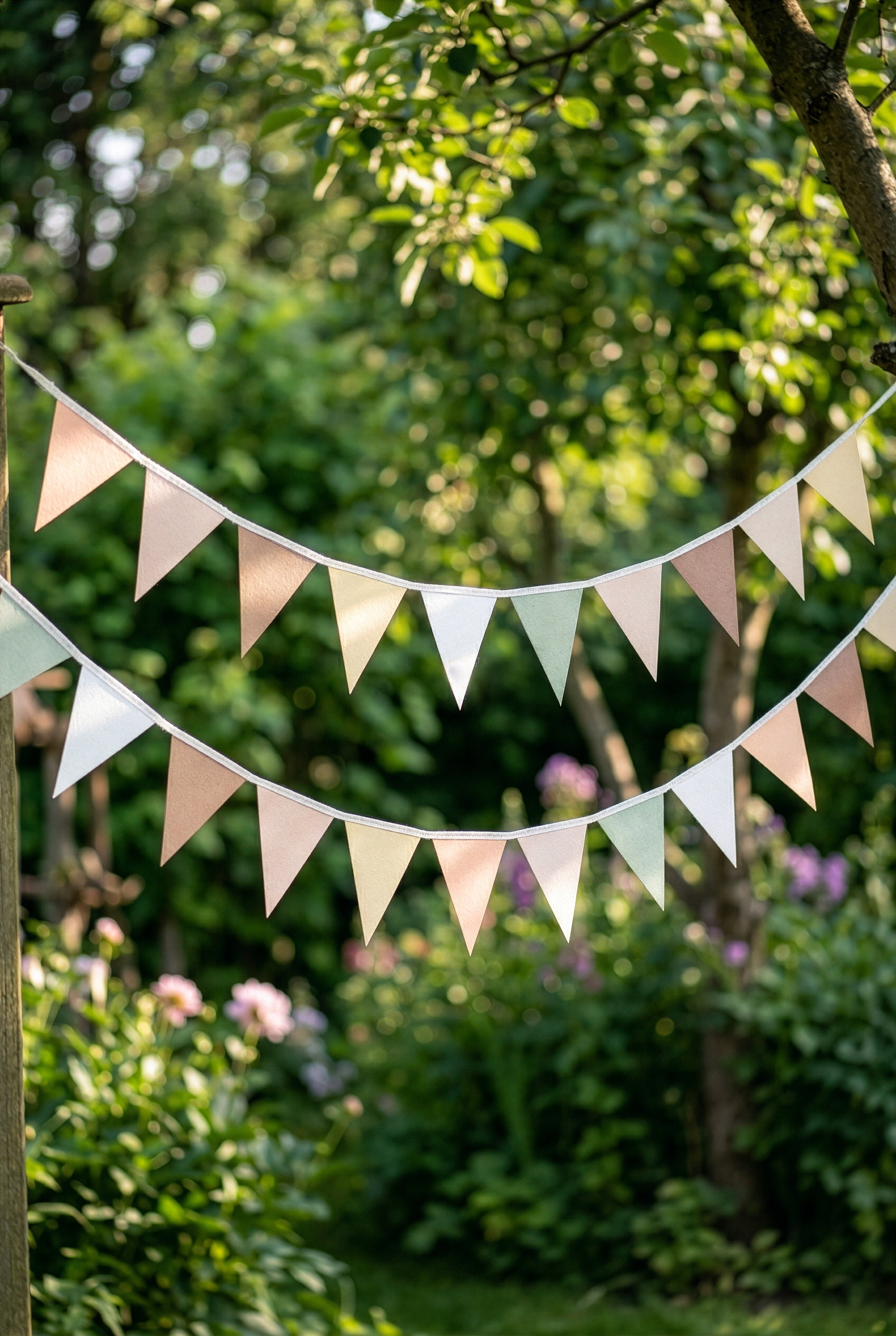 Garland in neutral colours hanging outdoors