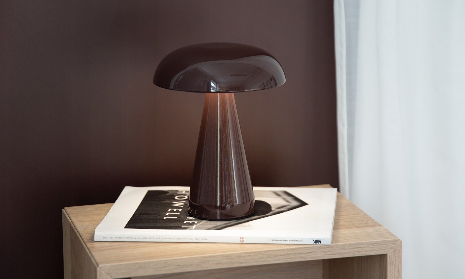 Dark brown table lamp on a book against a brown wall.