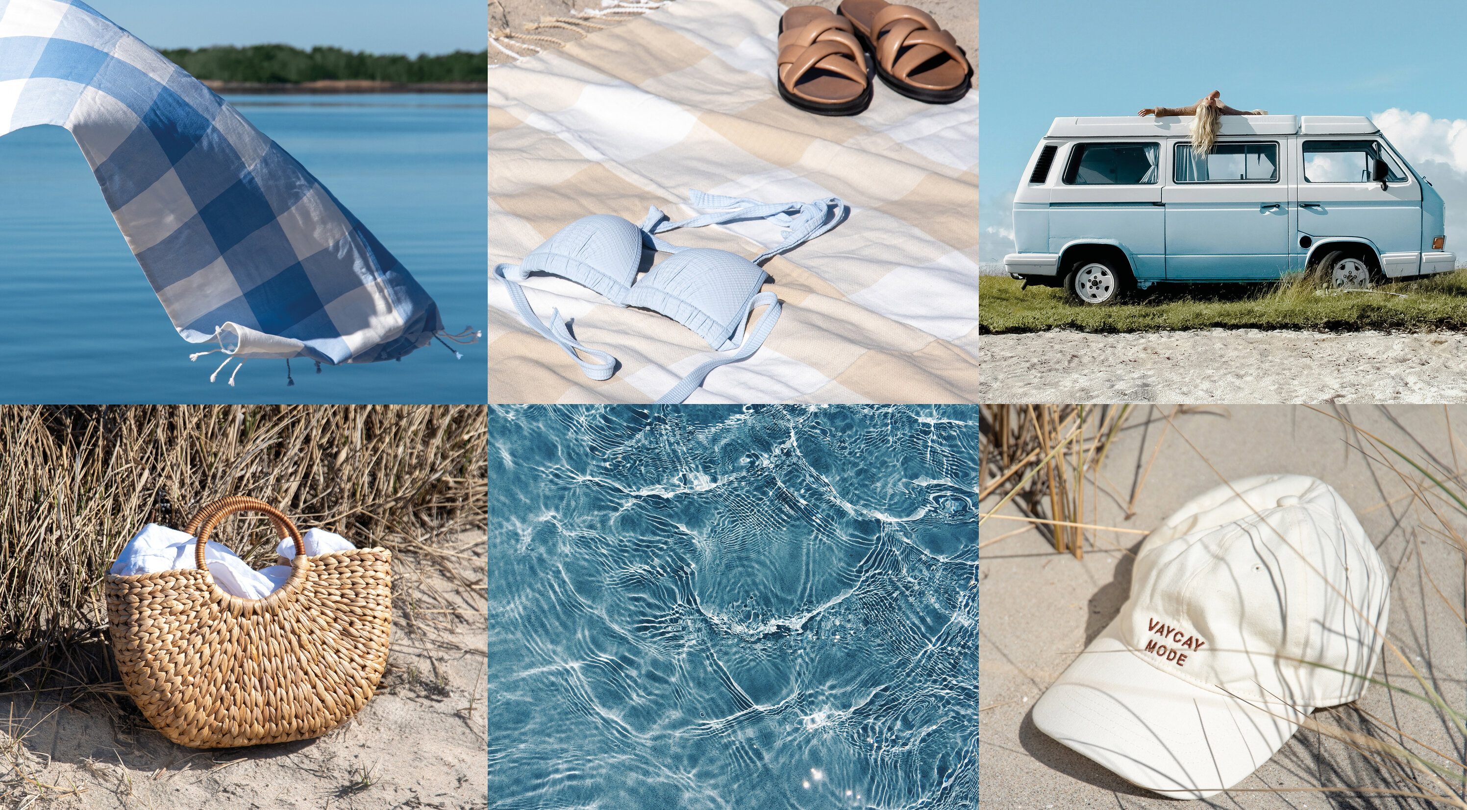 Summer collage with beach and picnic essentials, including a blanket, bikini, camper van, beach bag and blue water.
